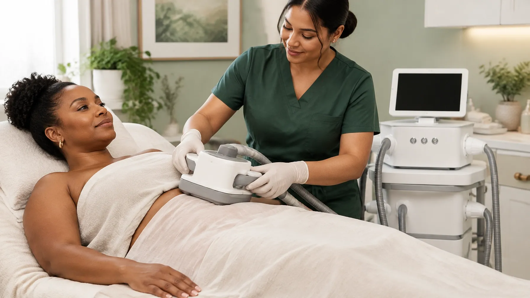 A Black woman receiving a non-invasive body contouring treatment