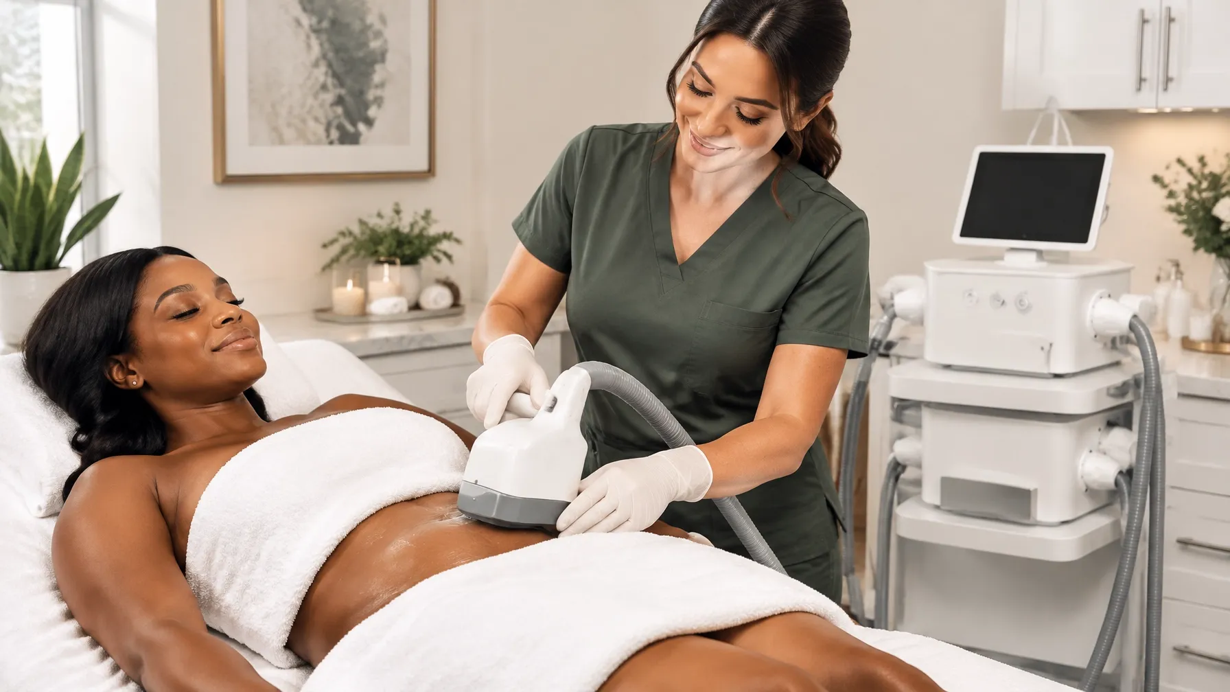 A practitioner delivering a non-invasive body contouring treatment to a Black woman
