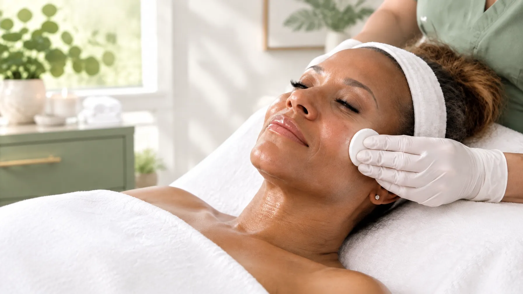 An adult Black client receiving a gentle facial treatment in a bright, calm spa room