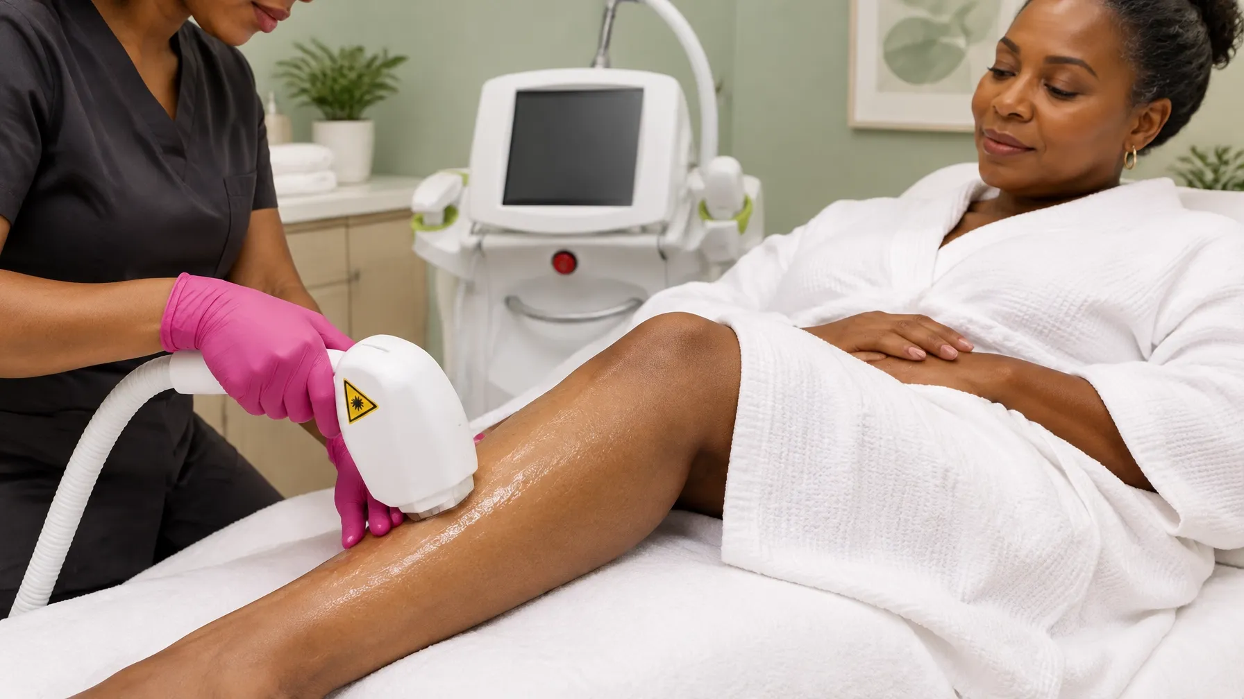 A Black woman receiving a professional laser hair removal treatment