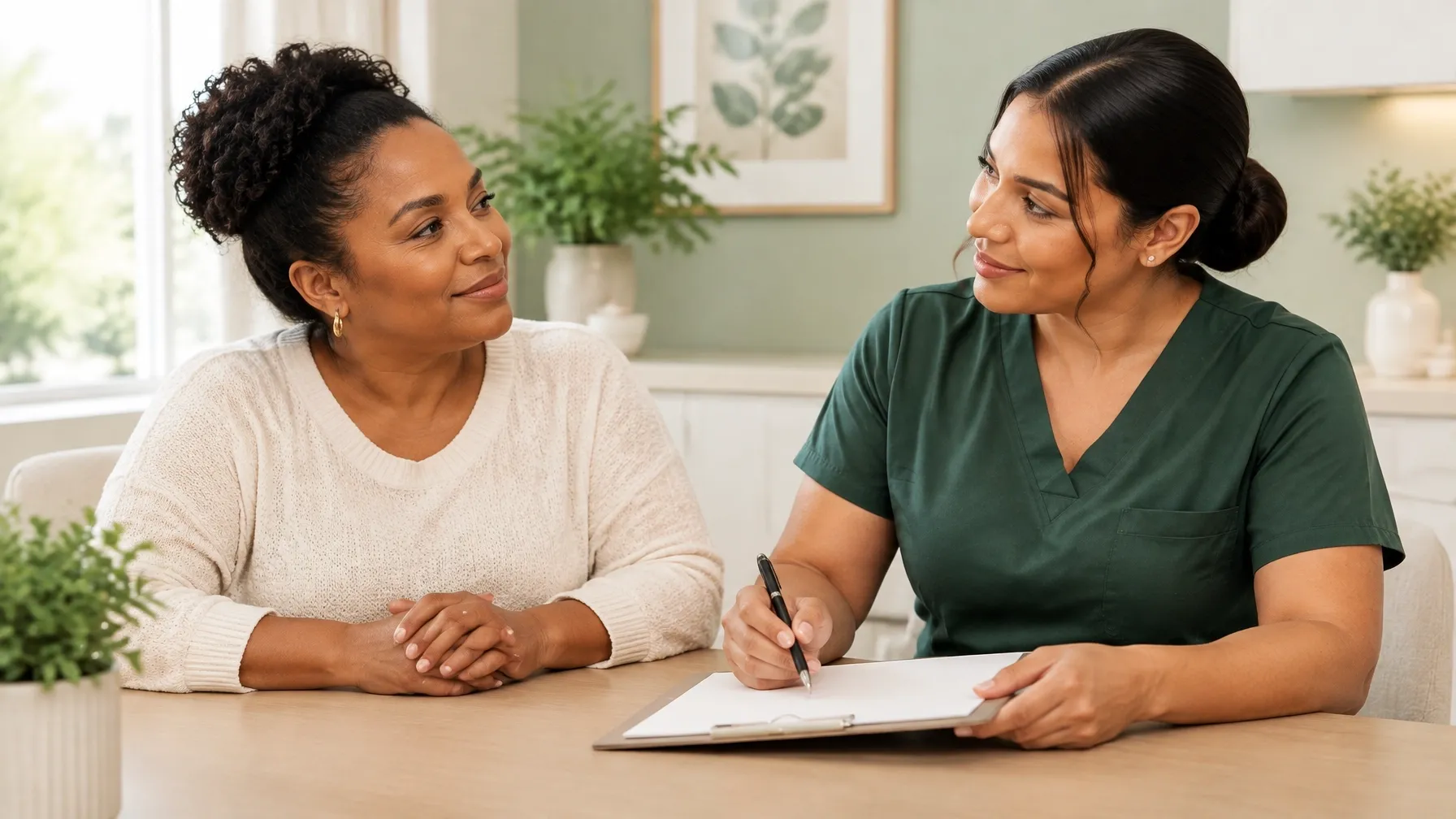A Latina woman discussing wellness goals with a clinician