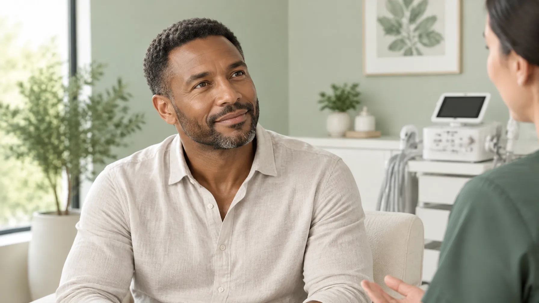 A man speaking with a medical provider in a bright wellness clinic