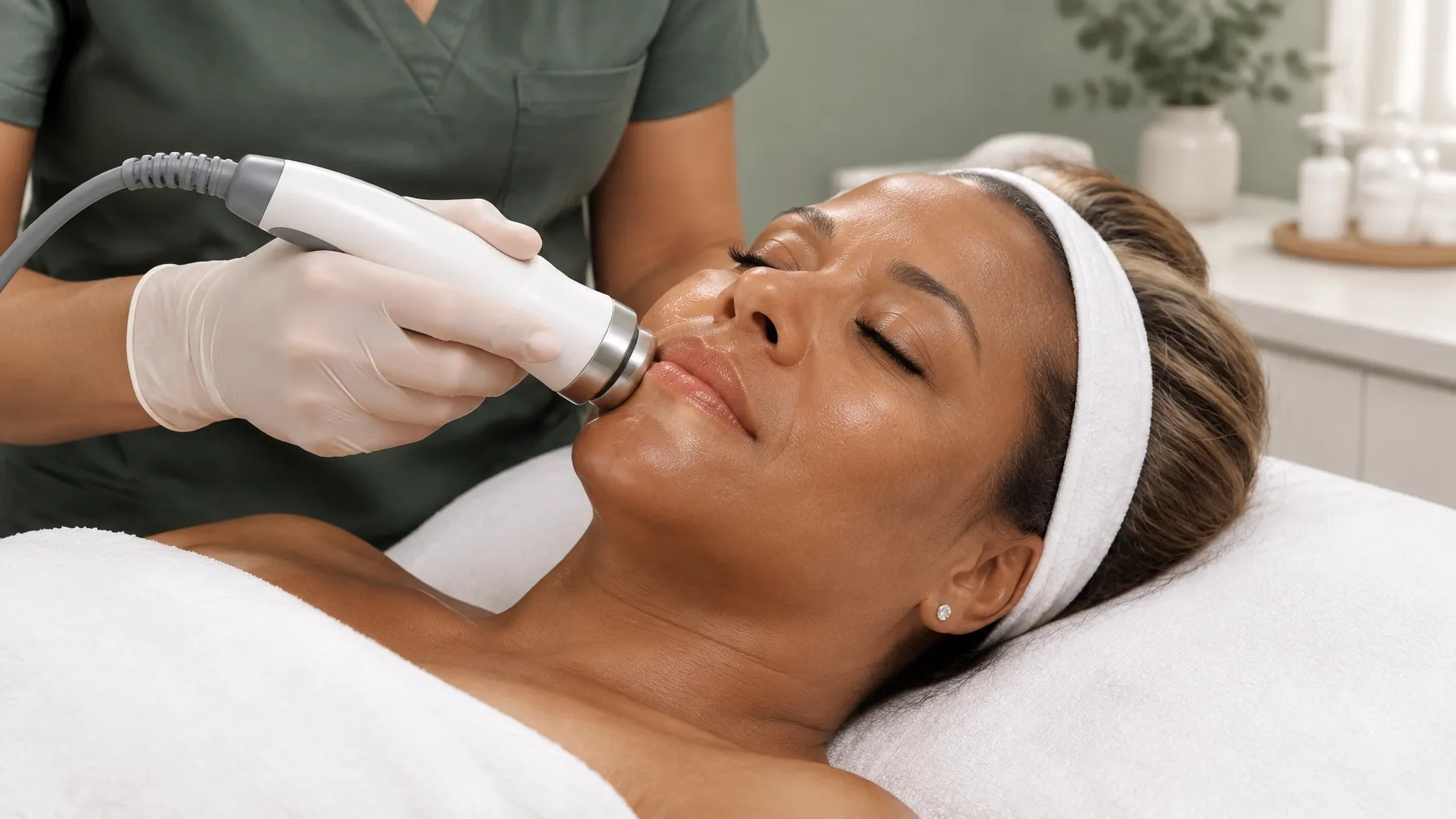 A Black woman receiving a gentle radiofrequency skin treatment
